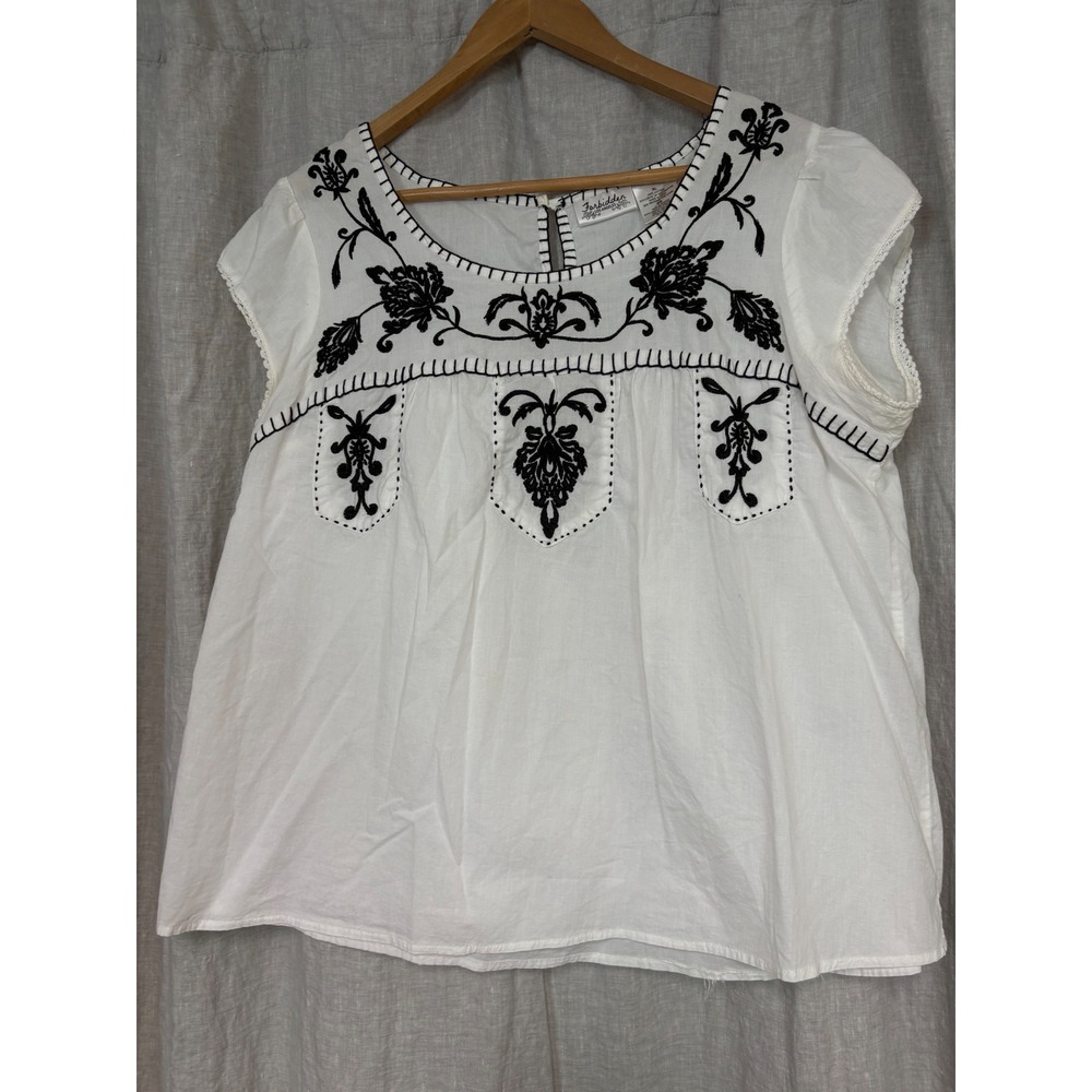 Forbidden Los Angeles White Cotton Embroidered Boho Cap Sleeve Top XL
